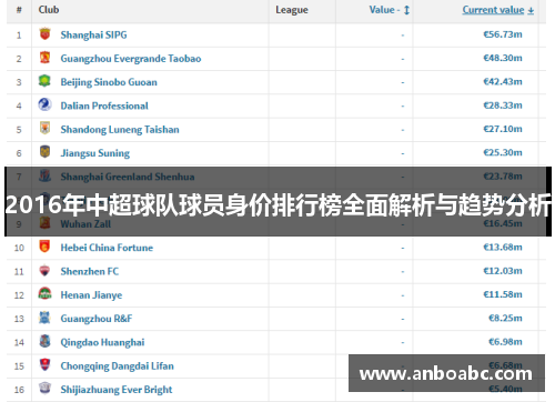 2016年中超球队球员身价排行榜全面解析与趋势分析